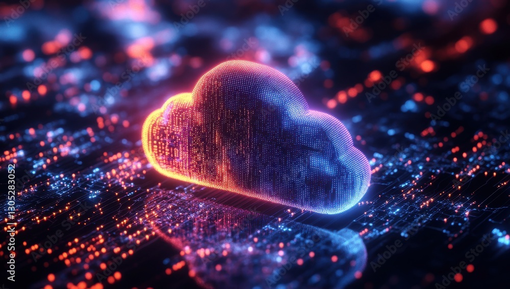 Poster conceptual cloud technology visualization with digital particles and glowing effects in a futuristic