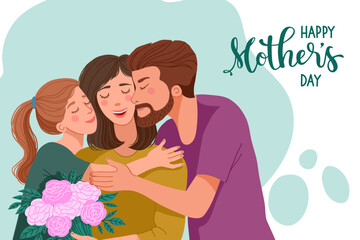Illustration of mom, daughter, dad and text. Drawing for postcard or poster. Vector illustration