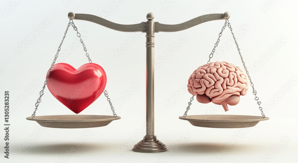 Poster conceptual representation of emotional and logical balance featuring a heart and a brain on a scale 