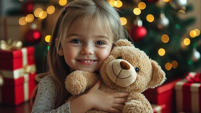 Child hugs teddy bear by Christmas tree with gifts. Possible use Stock photo for Christmas cards, holiday-themed advertisements, or children's product marketing