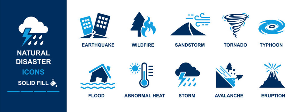 Natural disaster icon set including earth quack, wildfire, sandstorm, tornado, typhoon, flood, abnormal heat, storm, avalanche, eruption. warning sign for natural disaster