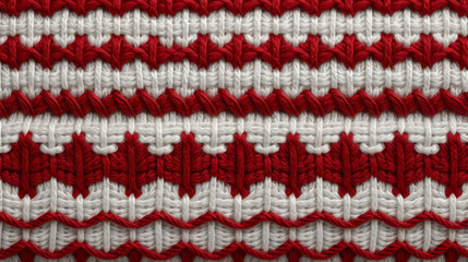 Close-up macro of a cozy winter knitted pattern with red and white yarn, showcasing texture and warmth in a classic seasonal design.