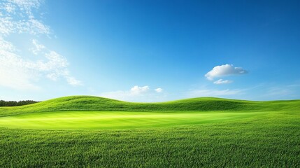 Serene landscape of an open green field under a bright blue sky. Ideal for backgrounds, nature, tranquility, and environmental themes.
