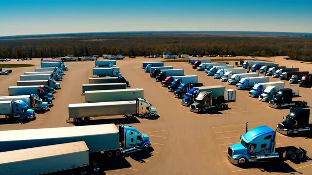 Multiple semi trucks and trailers occupy a vast truck stop parking lot, showcasing the logistics and transportation industry against a backdrop of trees and open sky