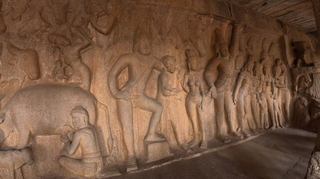UHD 4K / 60 FPS Video - Exclusive Monolithic Rock Carved- Krishna Mandapam is UNESCO's Worlds most Heritage & ancient Site located at Mamallapuram or Mahabalipuram in Tamil Nadu, South India. 