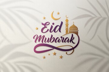 Elegant Eid Mubarak greeting card design with mosque and crescent moon.
