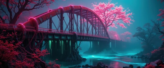 Futuristic Neon Bridge Over River at Night Pink Trees Cyberpunk Scenery