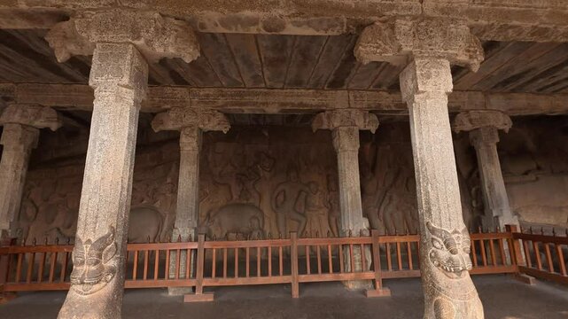 UHD 4K / 60 FPS Video - Exclusive Monolithic Rock Carved- Krishna Mandapam is UNESCO's Worlds most Heritage & ancient Site located at Mamallapuram or Mahabalipuram in Tamil Nadu, South India. 