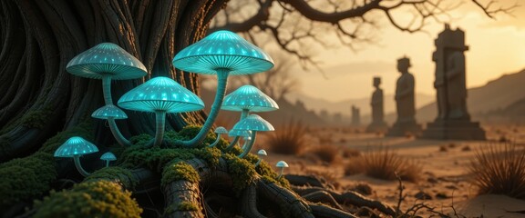 Glowing Mushrooms Fantasy Scene Magical Fungi at Sunset near Ancient Statues