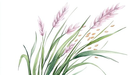 Vibrant watercolor painting of a flowering plant with delicate pink blossoms
