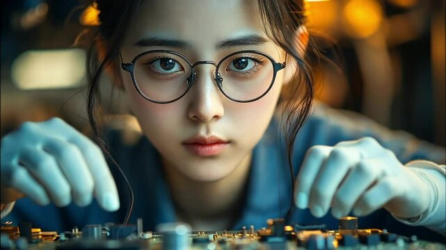 Focused woman technician working on circuit board. Possible use Technology education, STEM, business development