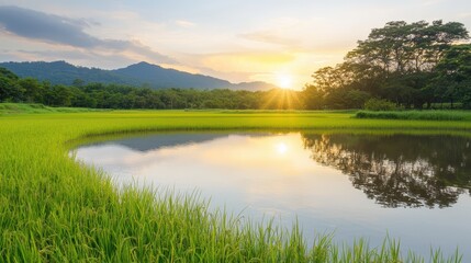 Obraz premium Tranquil lake scene, lush green grass growing peacefully in the calm water, creating a serene natural landscape