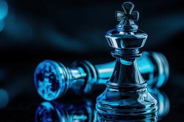 Glass chess pieces in blue light on glossy black background