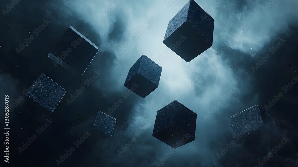 Poster floating stone cubes surround a cloudy sky in a mysterious abstract scene