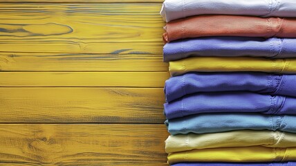 Colorful Folded Clothes Stacked on Wooden Surface