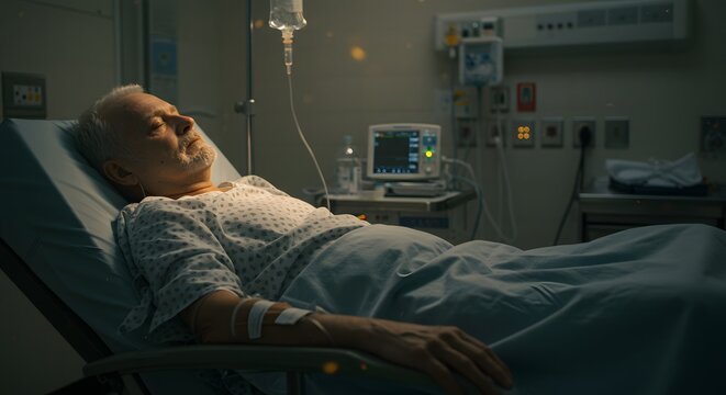 Patient Resting Peacefully in Hospital Bed Under Soft Medical Lighting