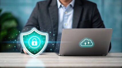 Secure cloud backup and restore digital workspace animation modern office user-friendly interface encrypted archive system