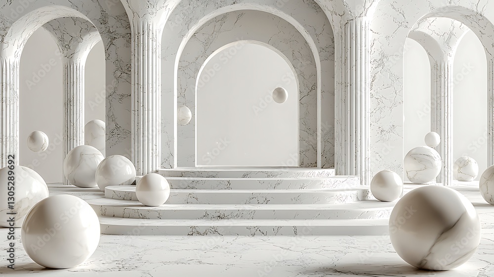 Poster marble architecture with spheres floating in a serene white palace hall