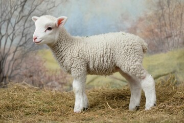 Obraz premium Lamb Profile. Adorable Baby Sheep in a Green Pasture on a Farm
