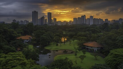 Sunset Over City Park with Skyscrapers and Greenery