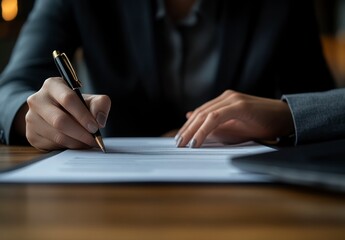 Business Professional Signing Document on Desk with Pen in Hand