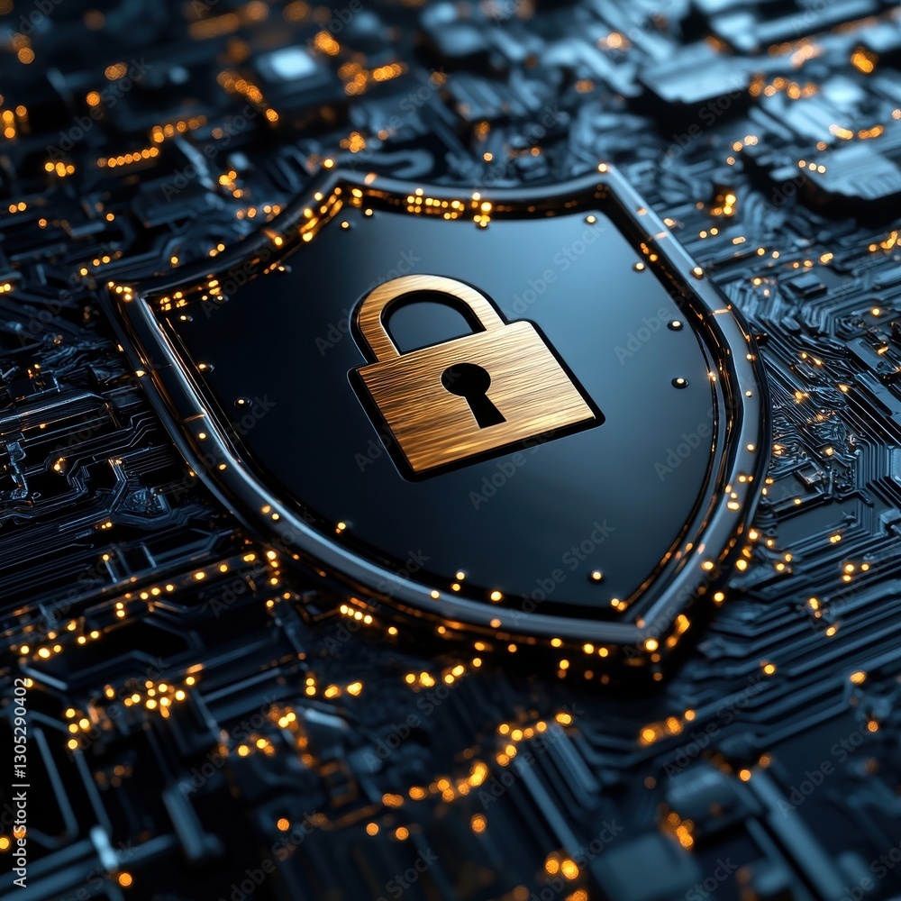 Poster digital lock shield over circuit board with glowing lights representing cybersecurity, protection, a