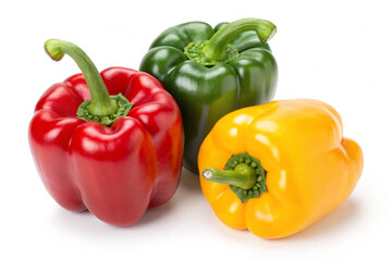 Three brightly colored bell peppers&mdash;red, green, and yellow&mdash;highlighting freshness, organic food, and healthy eating concepts