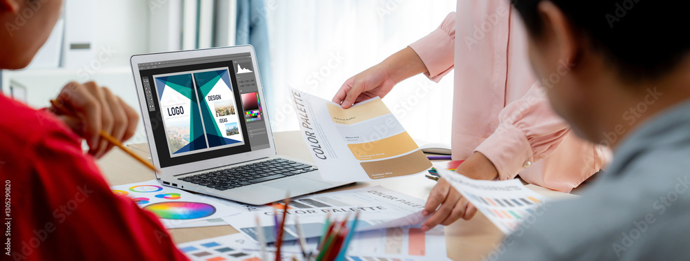 Fototapete Graphic designer software for modern design of web page and commercial brisk ads showing on the computer screen