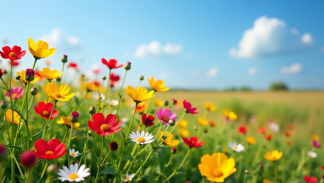 A field of wildflowers in full bloom, with a clear blue sky in the background, representing the beauty of summer landscapes.