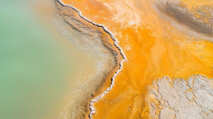 Aerial view of geothermal hot spring. Vibrant orange and turquoise pools with mineral deposits and rocky edges.
