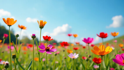 Obraz premium A field of wildflowers in full bloom, with a clear blue sky in the background, representing the beauty of summer landscapes.