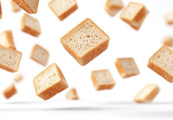 Floating Cubes of Sliced Bread on a White Background for Food Concept