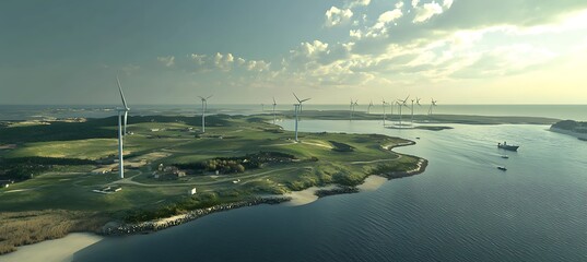 A wind farm along a coastline, with turbines harnessing the powerful sea winds to generate energy 