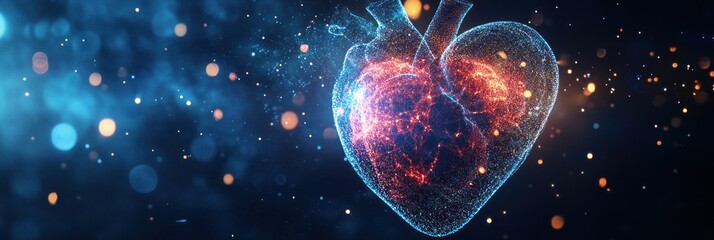 Abstract heart graphic with glowing particles.