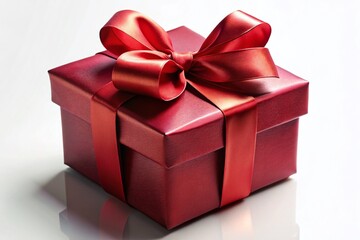 Obraz premium Elegant Red Gift Box with Ribbon, Low Light Photography, Red Background