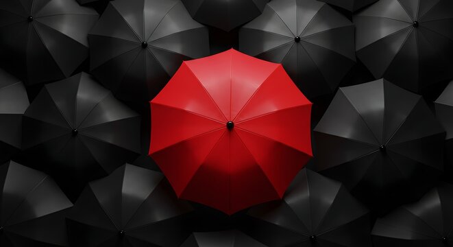 Single red umbrella standing out among multiple black umbrellas, representing uniqueness and individuality.