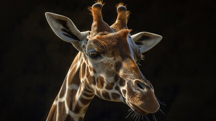 Obraz premium Portrait of a giraffe against a dark black background featuring a network of dark lines, creating a striking visual contrast that highlights the animal's unique patterns and gentle expression