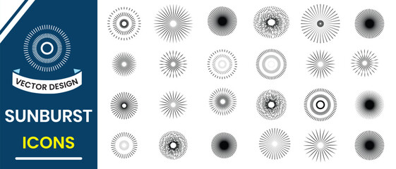 Sunburst element, Rays, beam set. Sunburst icon collection. Abstract sunburst Vector illustration. Retro sunburst design. Radial stripes background. Abstract line circle vector background.