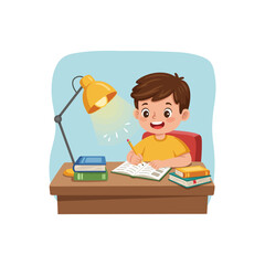 Boy Studying at Desk with Lamp and Books Cartoon Illustration