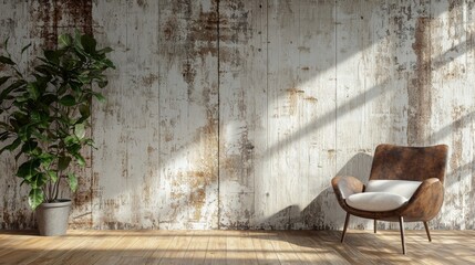 Rustic Interior Design: A Brown Leather Armchair Against a Weathered White Wall