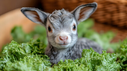 Fototapeta premium Cute baby goat in greens
