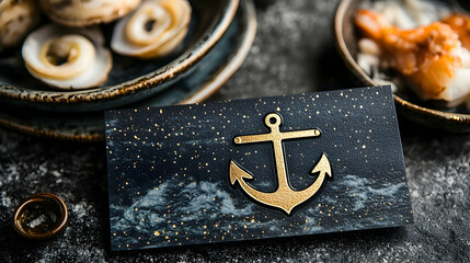 Dark Navy Business Card with Anchor, Seafood Restaurant Background