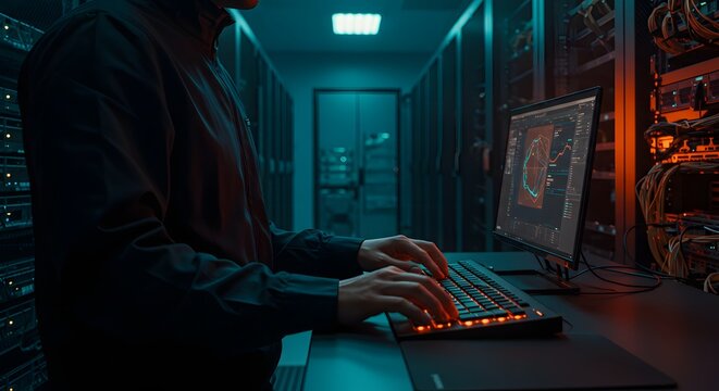 Analyzing Data on a Computer in a Dimly Lit Server Room