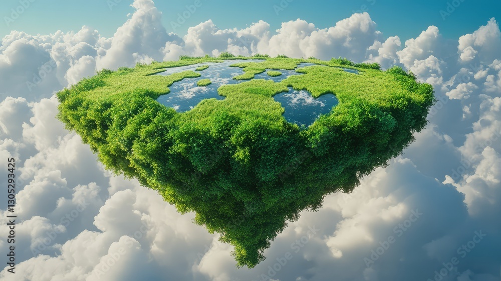 Poster floating island surrounded by clouds with lush greenery and puddles reflecting the sky, ideal for na