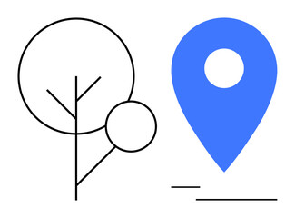 Bold blue map pin beside linear tree sketch highlights location and environment. Ideal for navigation, nature, geography, urban planning, sustainability, mapping, travel. Flat simple metaphor