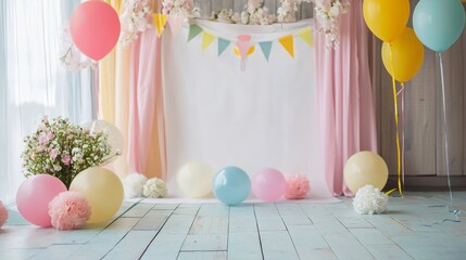 Pastel Birthday Party Setup: Balloons, Flowers, and a Dreamy Atmosphere