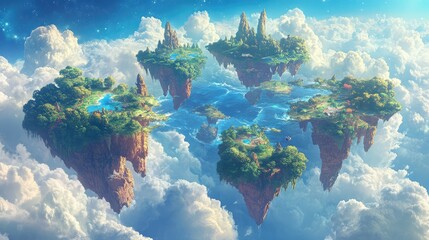 Fototapeta premium Enchanting Floating Islands in a Vibrant Sky Surrounded by Lush Vegetation, Shimmering Waterfalls, and a Dreamlike Atmosphere of Serenity and Wonder