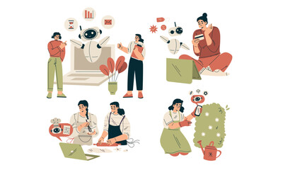 Artificial Intelligence Technology with People Character Interacting with Smart Bot Vector Set