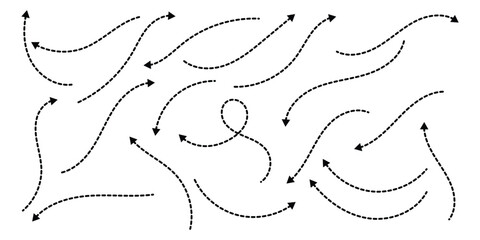 Curved dotted arrow. Zigzag arrow stripes design with dotted lines. Comic dotted thin arrow set. Wavy curved dashed pointer collection.