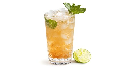 A glass of a drink with a lime wedge on the side